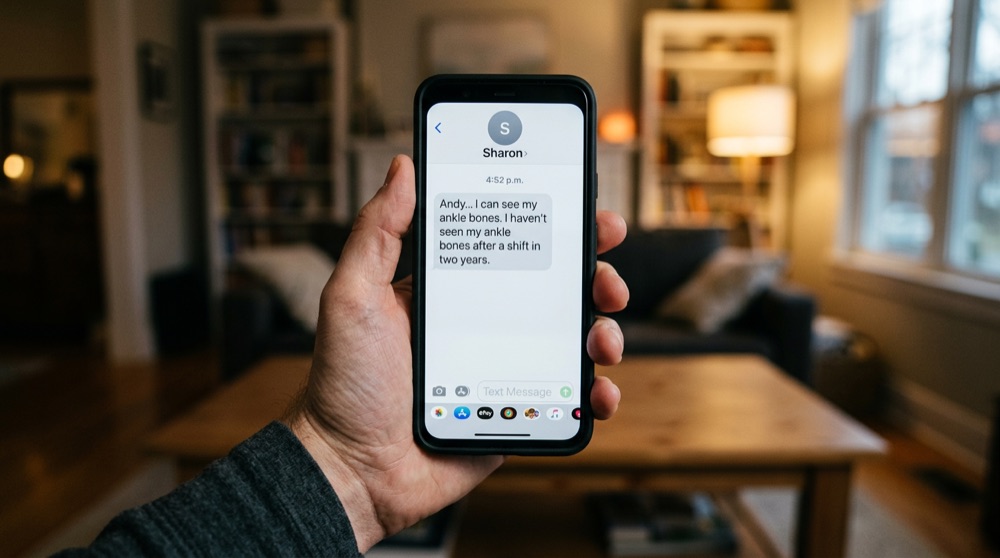 Sharon's text message about ankle relief
